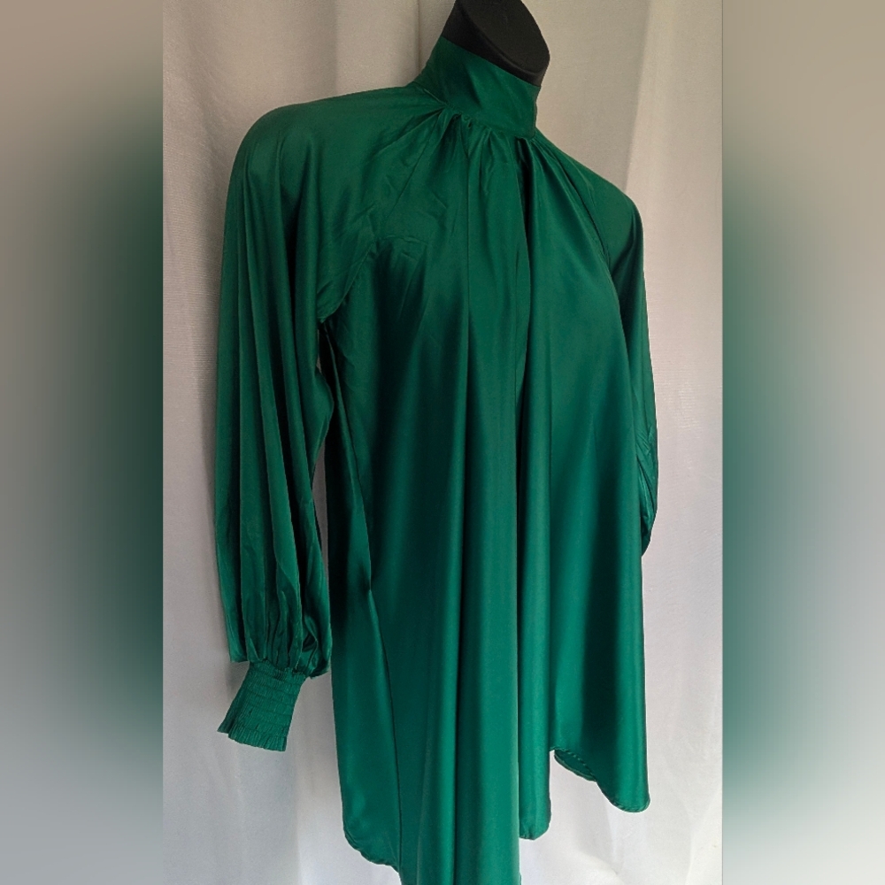 Emerald Green High Shine High tie neck Long Sleeve Flowing Aura Dress - Picture 7 of 16